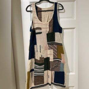 Anthropologie funky patchwork Knit Midi Dress a-line multi colors cream size L